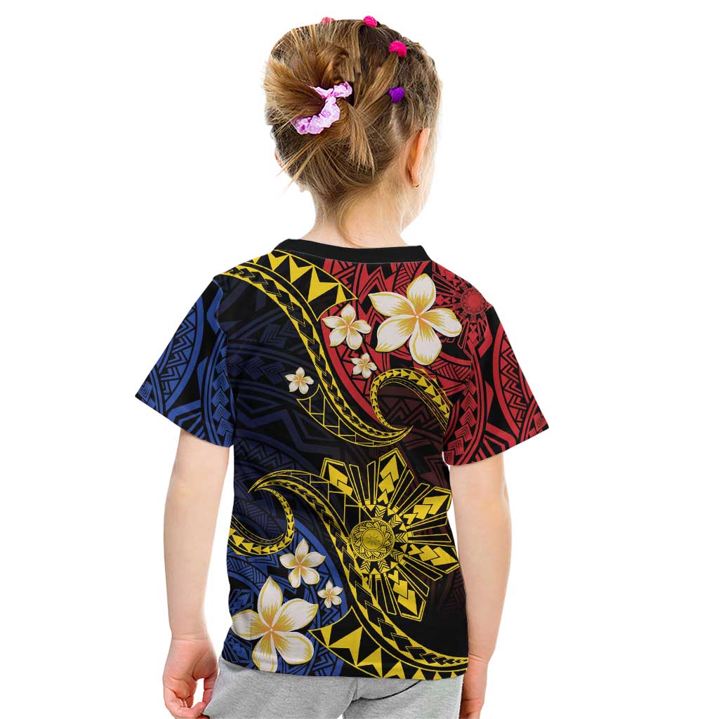 Philippines Spirit Tribal Sun Plumeria Kid T Shirt Red And Blue Polynesian Pattern