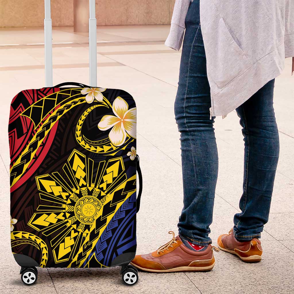 Philippines Spirit Tribal Sun Plumeria Luggage Cover Red And Blue Polynesian Pattern