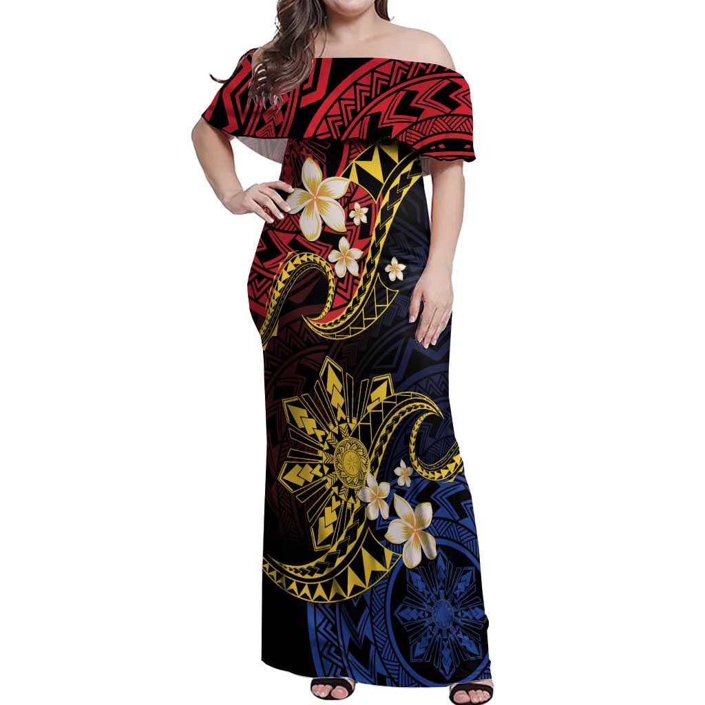 Philippines Spirit Tribal Sun Plumeria Off Shoulder Maxi Dress Red And Blue Polynesian Pattern