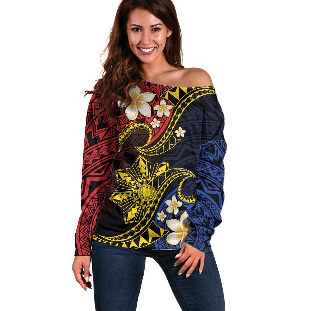 Philippines Spirit Tribal Sun Plumeria Off Shoulder Sweater Red And Blue Polynesian Pattern