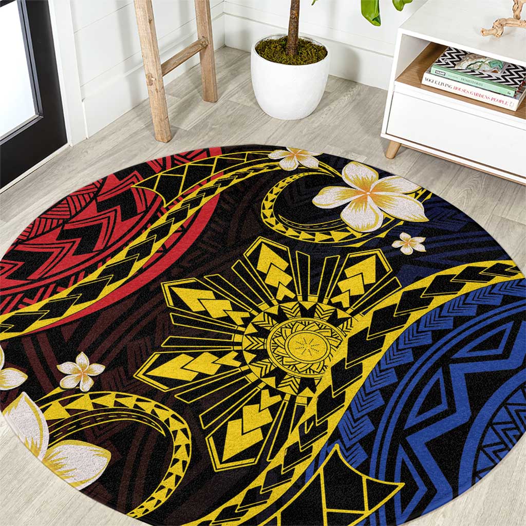 Philippines Spirit Tribal Sun Plumeria Round Carpet Red And Blue Polynesian Pattern