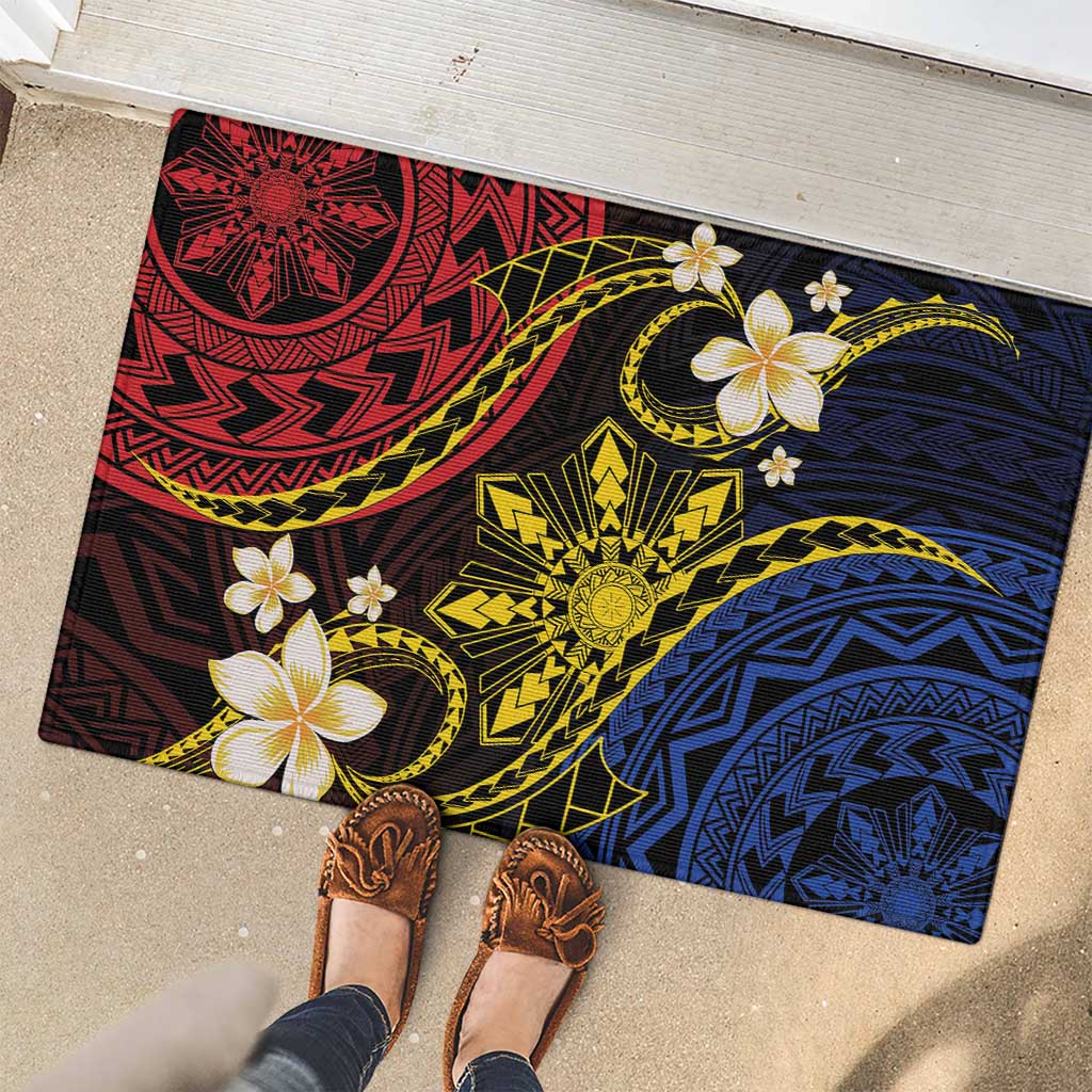 Philippines Spirit Tribal Sun Plumeria Rubber Doormat Red And Blue Polynesian Pattern