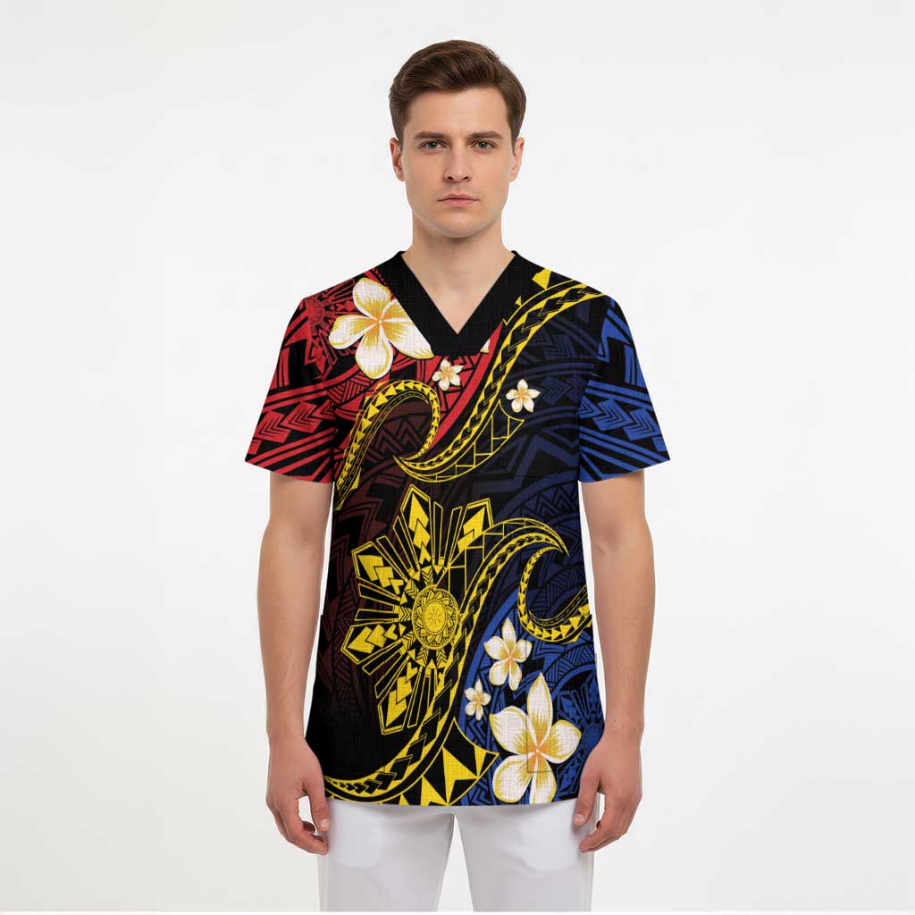 Philippines Spirit Tribal Sun Plumeria Scrub Top Red And Blue Polynesian Pattern - Polynesian Pride