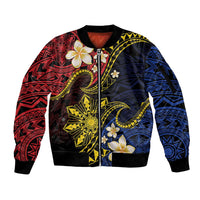 Philippines Spirit Tribal Sun Plumeria Sleeve Zip Bomber Jacket Red And Blue Polynesian Pattern