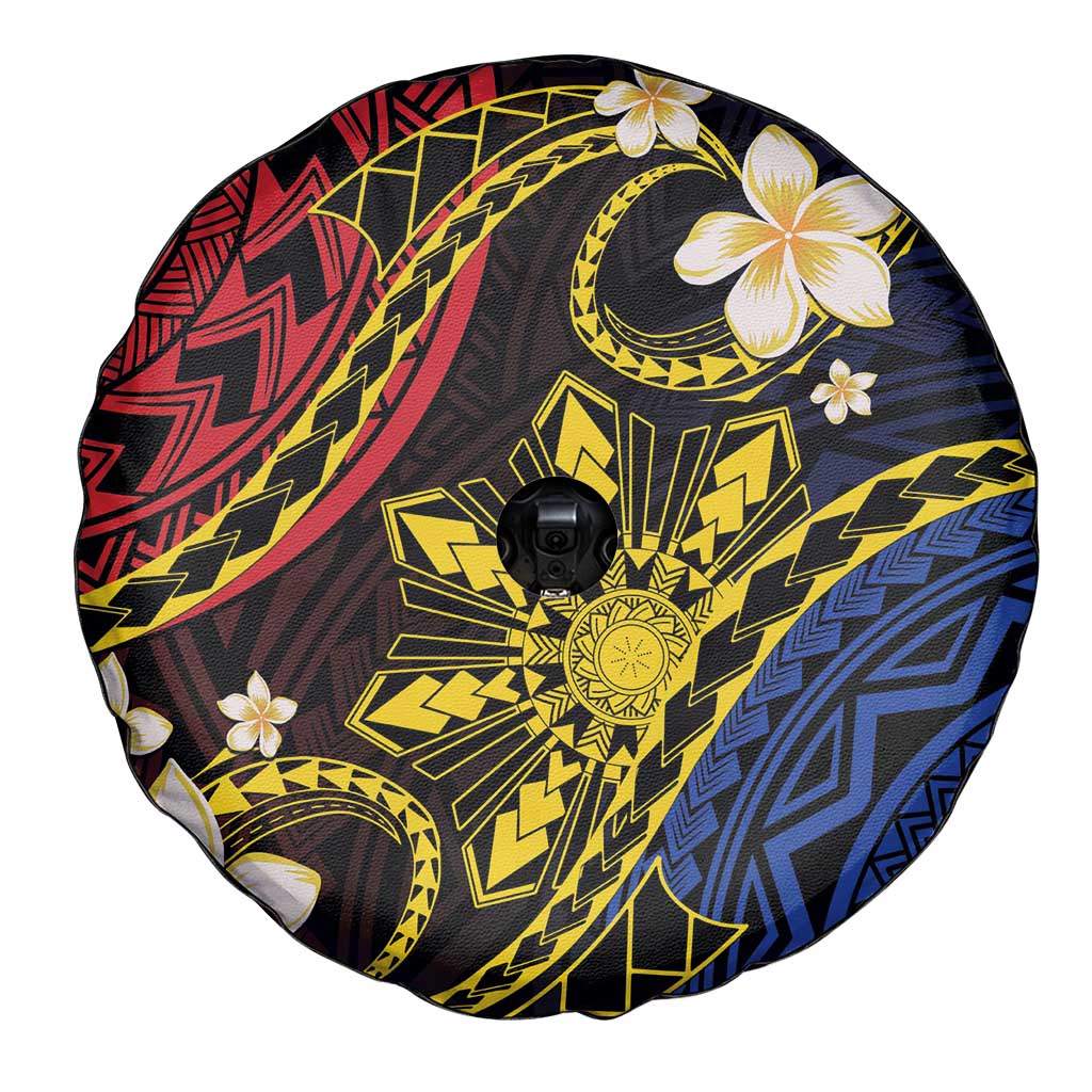 Philippines Spirit Tribal Sun Plumeria Spare Tire Cover Red And Blue Polynesian Pattern