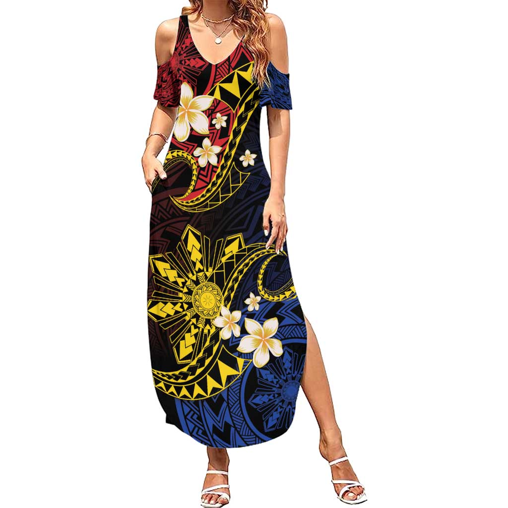 Philippines Spirit Tribal Sun Plumeria Summer Maxi Dress Red And Blue Polynesian Pattern
