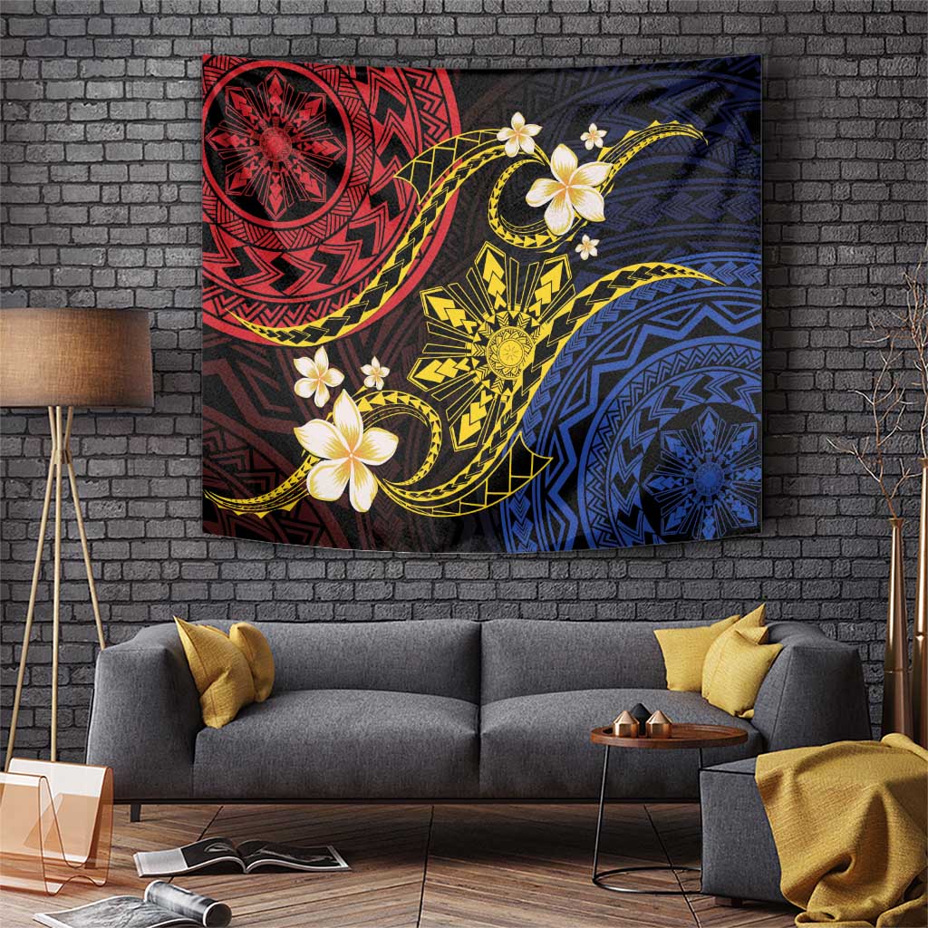 Philippines Spirit Tribal Sun Plumeria Tapestry Red And Blue Polynesian Pattern
