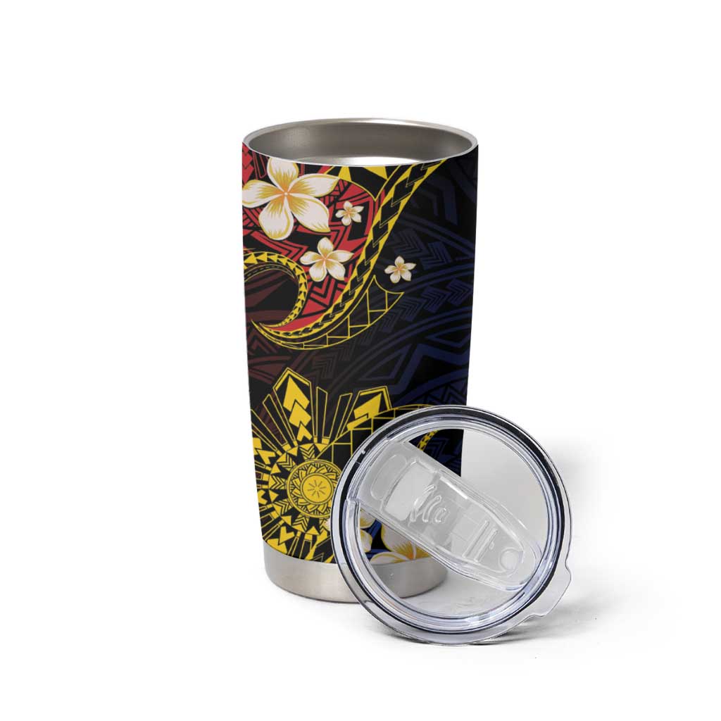 Philippines Spirit Tribal Sun Plumeria Tumbler Cup Red And Blue Polynesian Pattern
