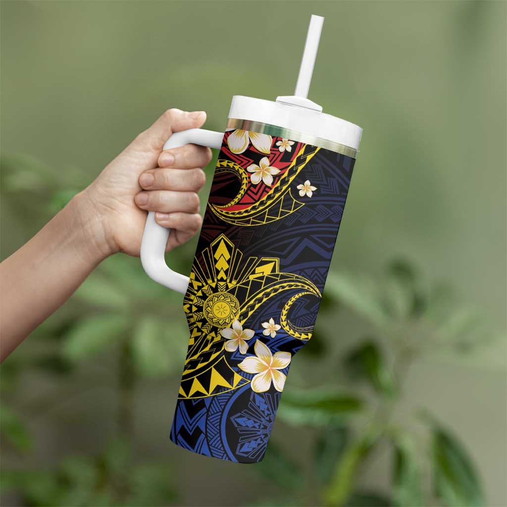 Philippines Spirit Tribal Sun Plumeria Tumbler With Handle Red And Blue Polynesian Pattern