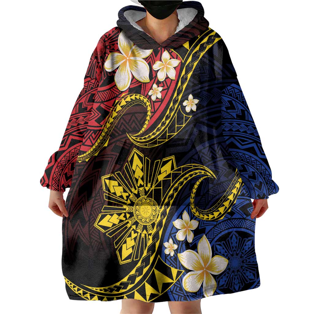 Philippines Spirit Tribal Sun Plumeria Wearable Blanket Hoodie Red And Blue Polynesian Pattern