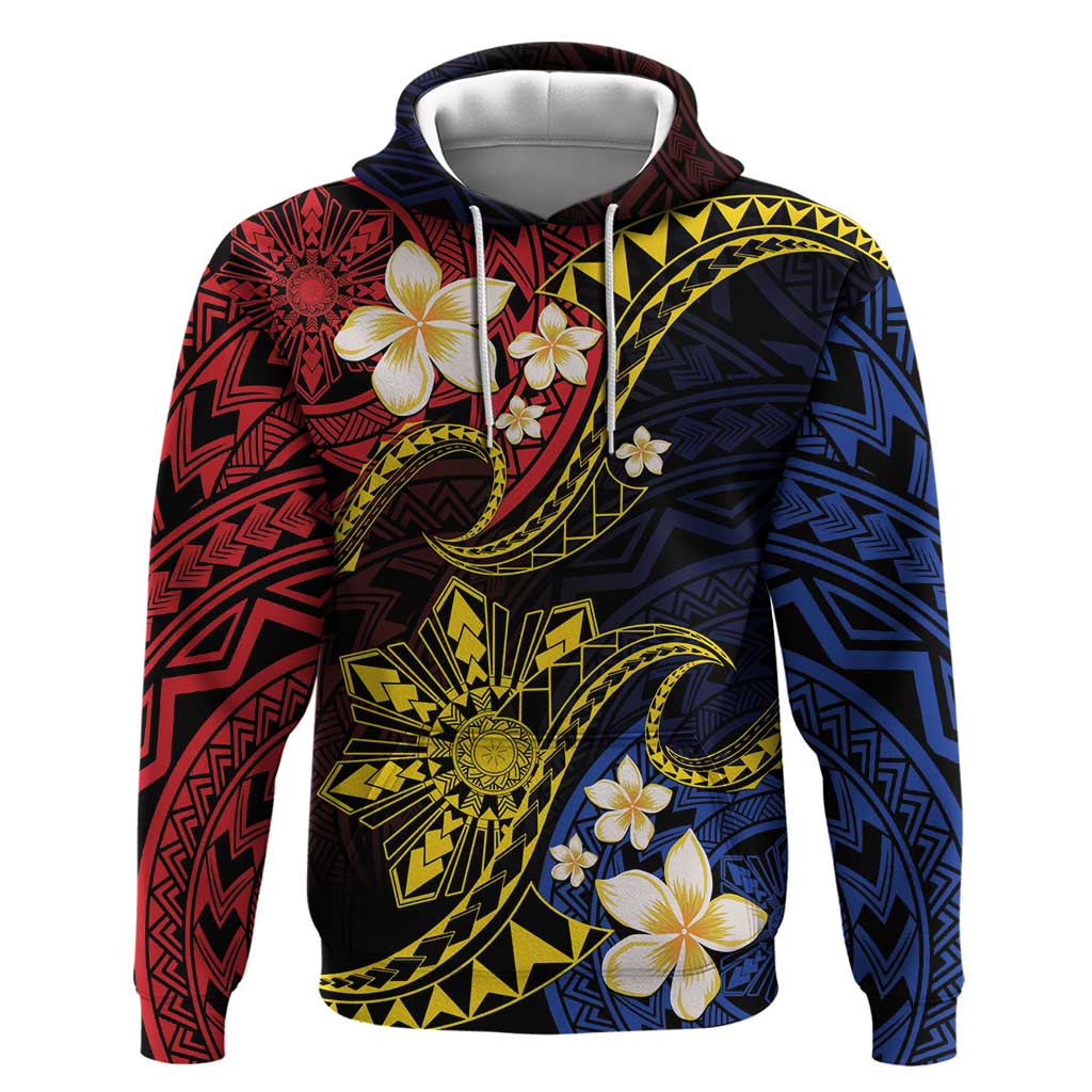 Philippines Spirit Tribal Sun Plumeria Zip Hoodie Red And Blue Polynesian Pattern