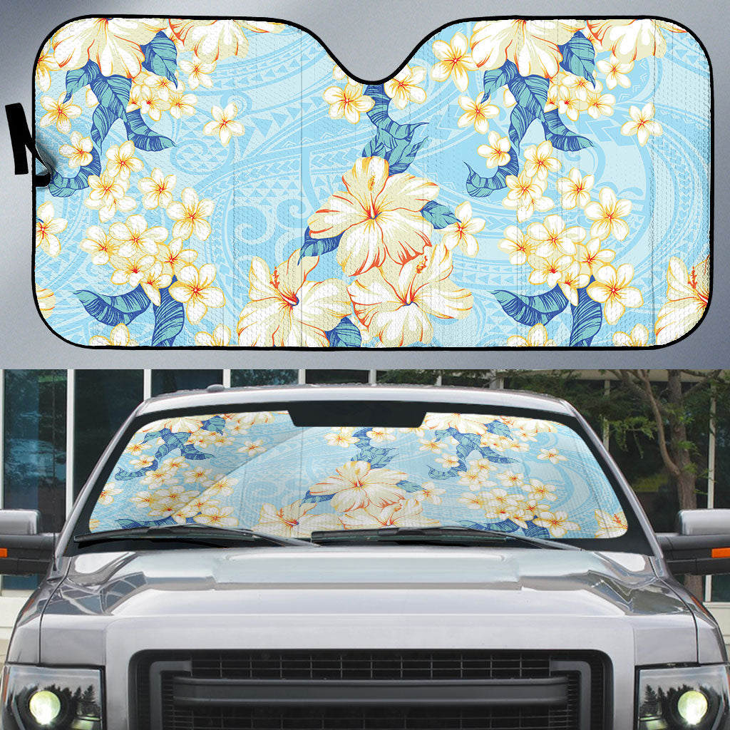 Hawaii Hibiscus Plumeria Blue Auto Sun Shade Polynesian Pattern LT01 Blue - Polynesian Pride