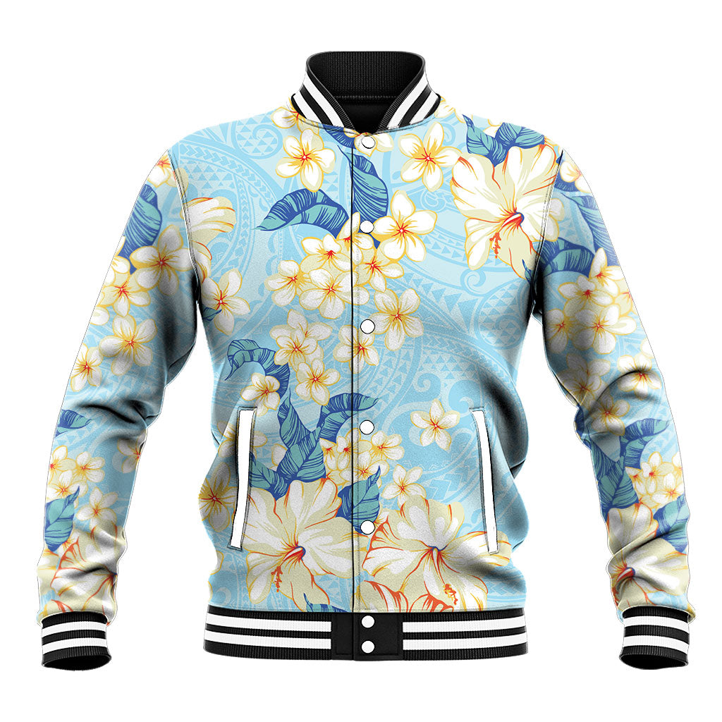 Hawaii Hibiscus Plumeria Blue Baseball Jacket Polynesian Pattern LT01 Unisex Blue - Polynesian Pride