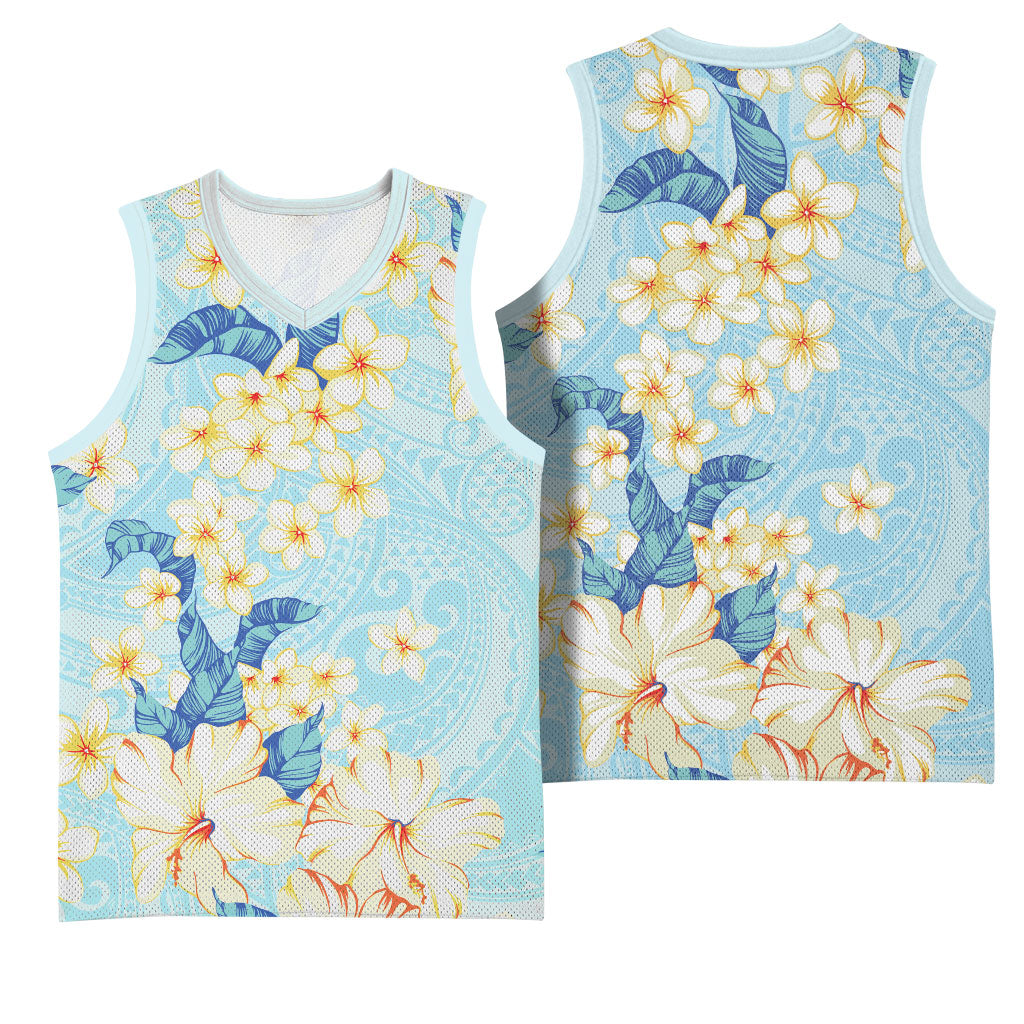 Hawaii Hibiscus Plumeria Blue Basketball Jersey Polynesian Pattern LT01 - Polynesian Pride