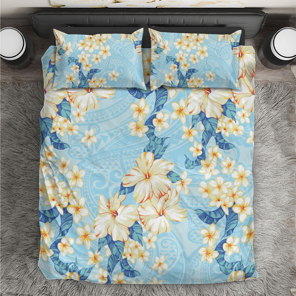 Hawaii Hibiscus Plumeria Blue Bedding Set Polynesian Pattern