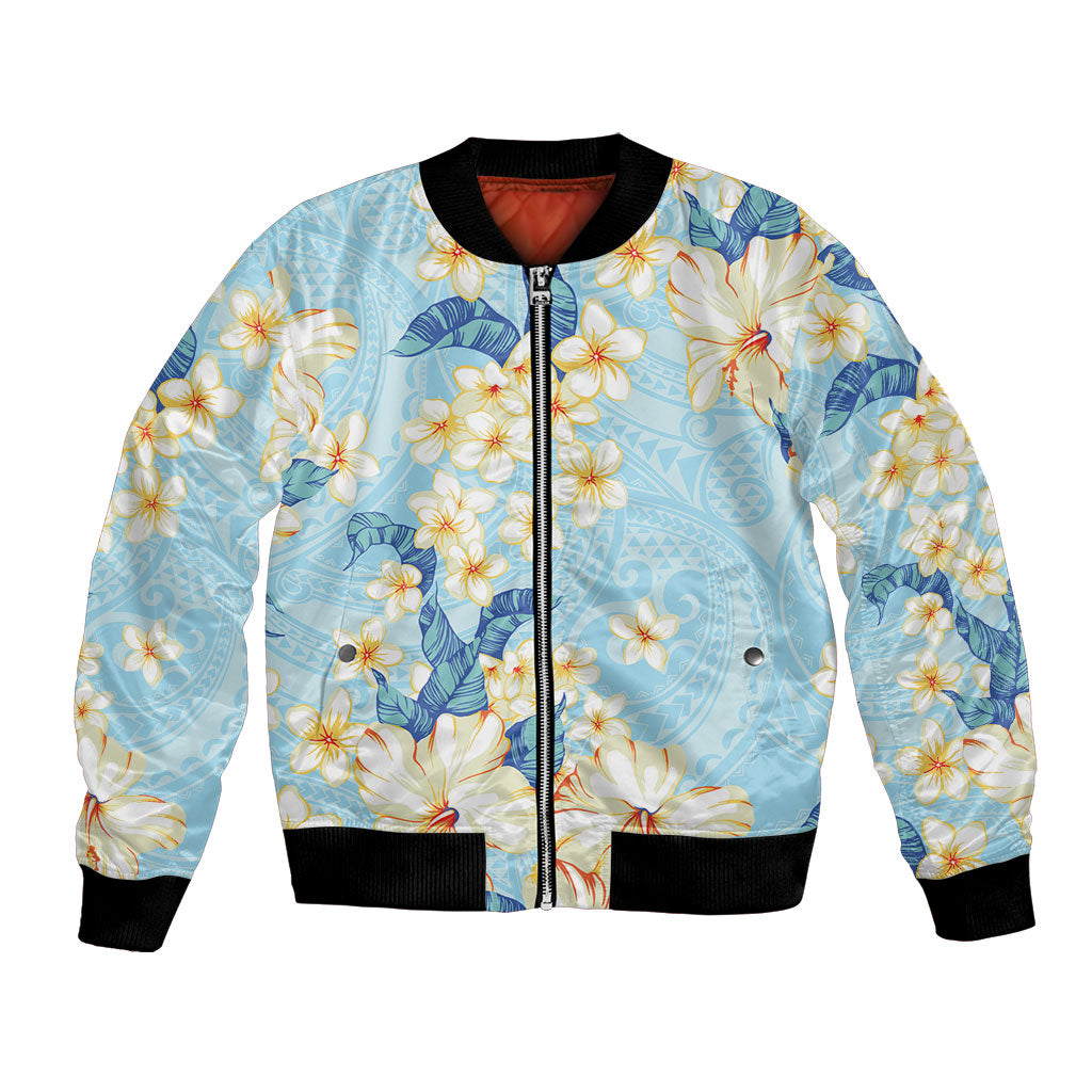 Hawaii Hibiscus Plumeria Blue Bomber Jacket Polynesian Pattern
