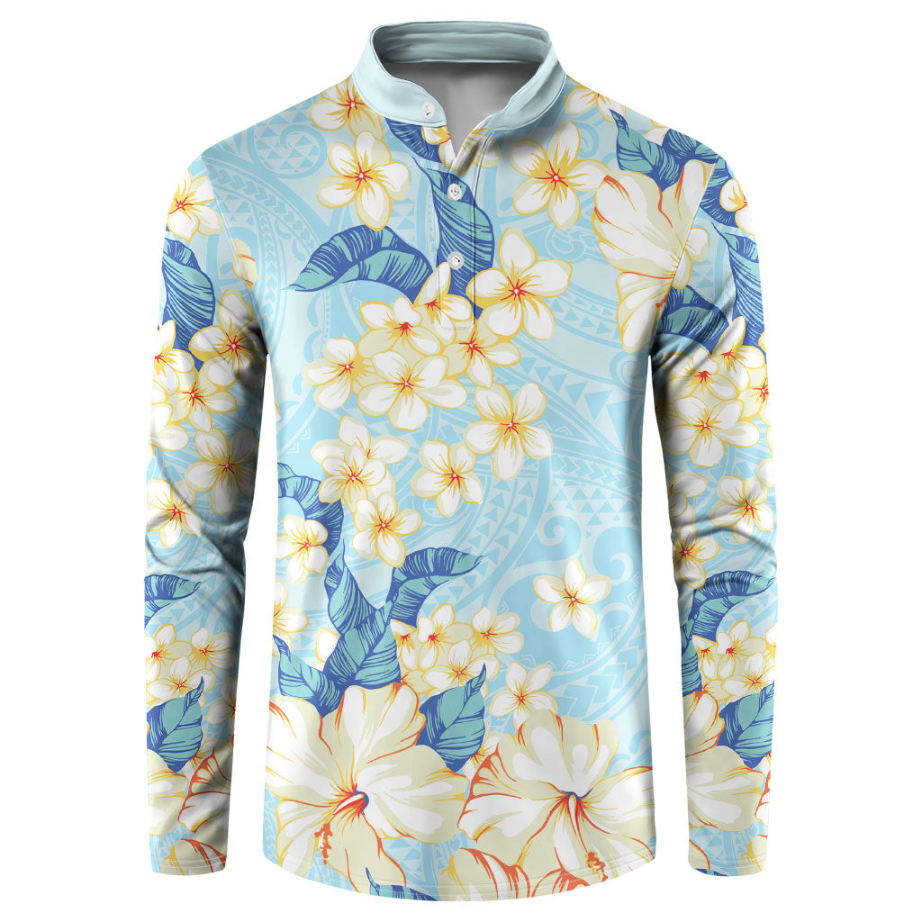 Hawaii Hibiscus Plumeria Blue Button Sweatshirt Polynesian Pattern