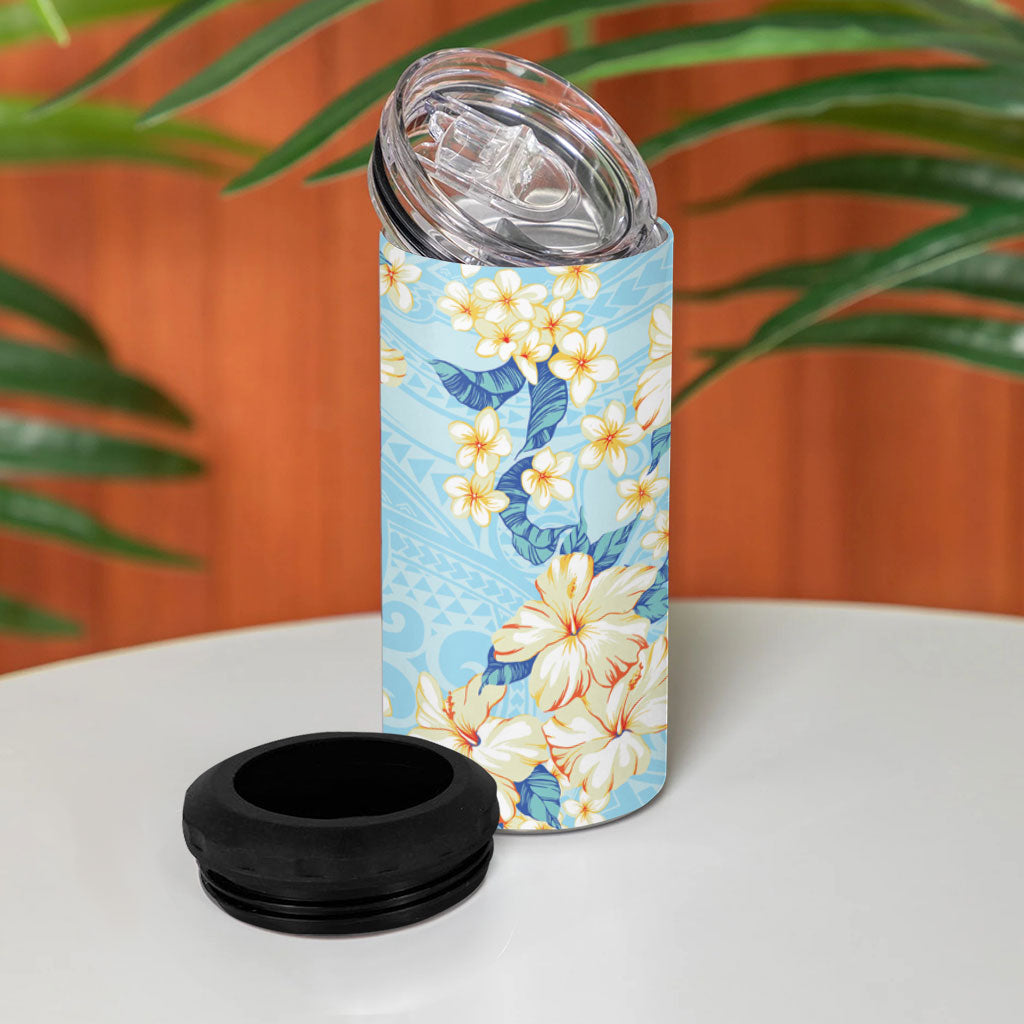 Hawaii Hibiscus Plumeria Blue 4 in 1 Can Cooler Tumbler Polynesian Pattern LT01 - Polynesian Pride
