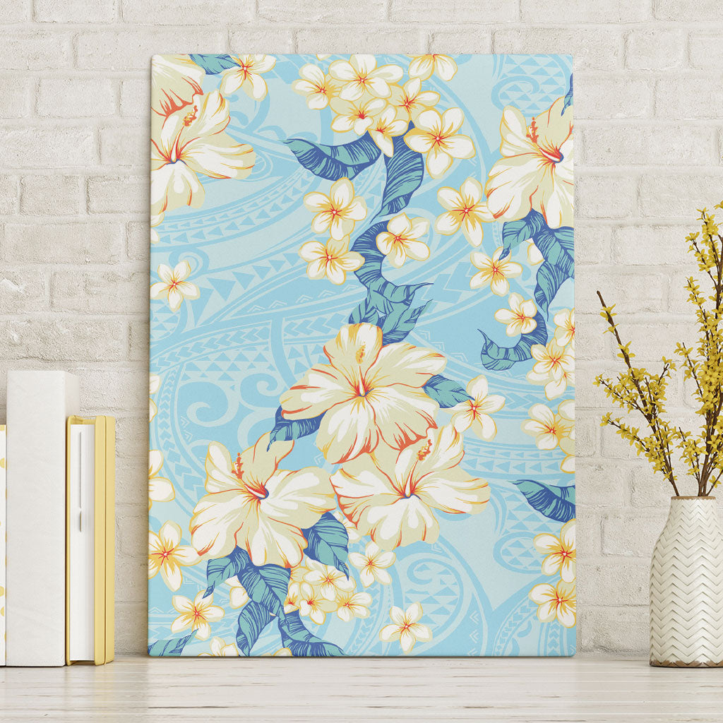 Hawaii Hibiscus Plumeria Blue Canvas Wall Art Polynesian Pattern
