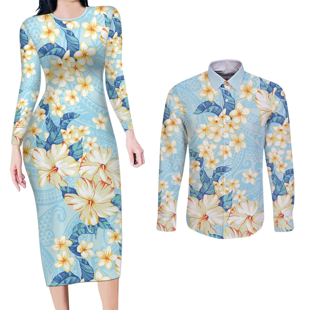 Hawaii Hibiscus Plumeria Blue Couples Matching Long Sleeve Bodycon Dress and Long Sleeve Button Shirt Polynesian Pattern