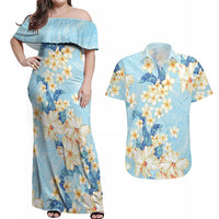 Hawaii Hibiscus Plumeria Blue Couples Matching Off Shoulder Maxi Dress and Hawaiian Shirt Polynesian Pattern LT01 Blue - Polynesian Pride