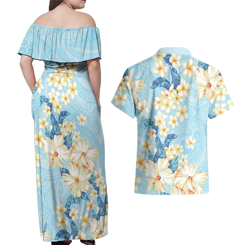 Hawaii Hibiscus Plumeria Blue Couples Matching Off Shoulder Maxi Dress and Hawaiian Shirt Polynesian Pattern LT01 - Polynesian Pride