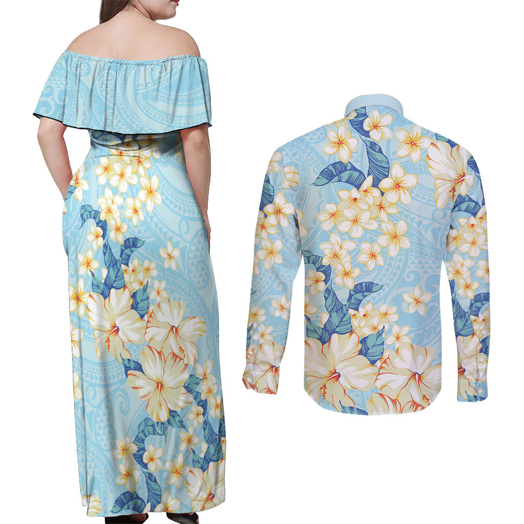 Hawaii Hibiscus Plumeria Blue Couples Matching Off Shoulder Maxi Dress and Long Sleeve Button Shirt Polynesian Pattern LT01 - Polynesian Pride