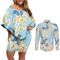 Hawaii Hibiscus Plumeria Blue Couples Matching Off Shoulder Short Dress and Long Sleeve Button Shirt Polynesian Pattern LT01 Blue - Polynesian Pride