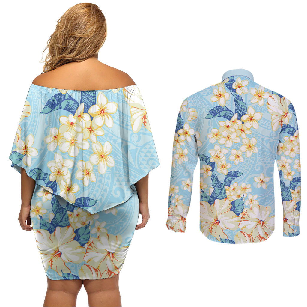 Hawaii Hibiscus Plumeria Blue Couples Matching Off Shoulder Short Dress and Long Sleeve Button Shirt Polynesian Pattern LT01 - Polynesian Pride