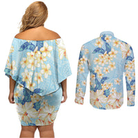 Hawaii Hibiscus Plumeria Blue Couples Matching Off Shoulder Short Dress and Long Sleeve Button Shirt Polynesian Pattern LT01 - Polynesian Pride