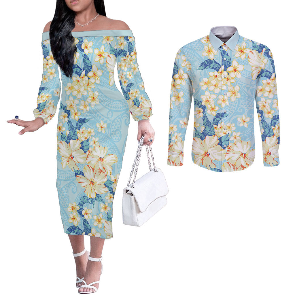 Hawaii Hibiscus Plumeria Blue Couples Matching Off The Shoulder Long Sleeve Dress and Long Sleeve Button Shirt Polynesian Pattern LT01 Blue - Polynesian Pride