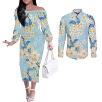 Hawaii Hibiscus Plumeria Blue Couples Matching Off The Shoulder Long Sleeve Dress and Long Sleeve Button Shirt Polynesian Pattern LT01 Blue - Polynesian Pride