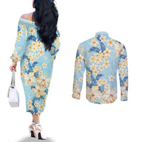 Hawaii Hibiscus Plumeria Blue Couples Matching Off The Shoulder Long Sleeve Dress and Long Sleeve Button Shirt Polynesian Pattern LT01 - Polynesian Pride