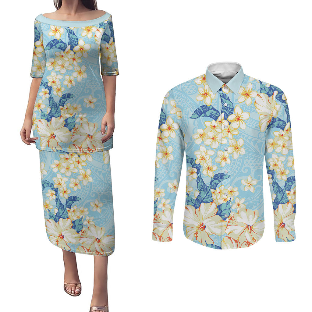 Hawaii Hibiscus Plumeria Blue Couples Matching Puletasi and Long Sleeve Button Shirt Polynesian Pattern