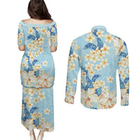 Hawaii Hibiscus Plumeria Blue Couples Matching Puletasi and Long Sleeve Button Shirt Polynesian Pattern LT01 - Polynesian Pride