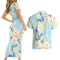 Hawaii Hibiscus Plumeria Blue Couples Matching Short Sleeve Bodycon Dress and Hawaiian Shirt Polynesian Pattern LT01 - Polynesian Pride