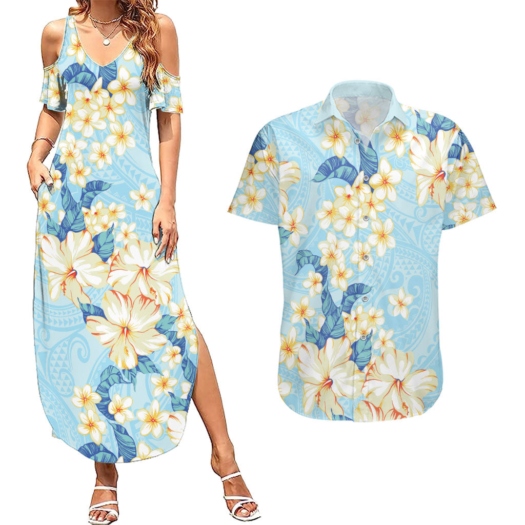 Hawaii Hibiscus Plumeria Blue Couples Matching Summer Maxi Dress and Hawaiian Shirt Polynesian Pattern LT01 Blue - Polynesian Pride