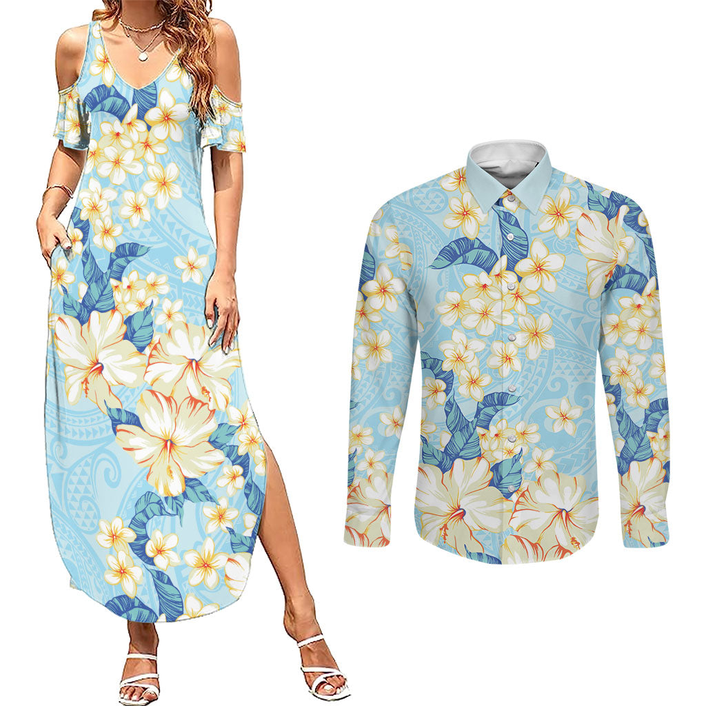 Hawaii Hibiscus Plumeria Blue Couples Matching Summer Maxi Dress and Long Sleeve Button Shirt Polynesian Pattern LT01 Blue - Polynesian Pride