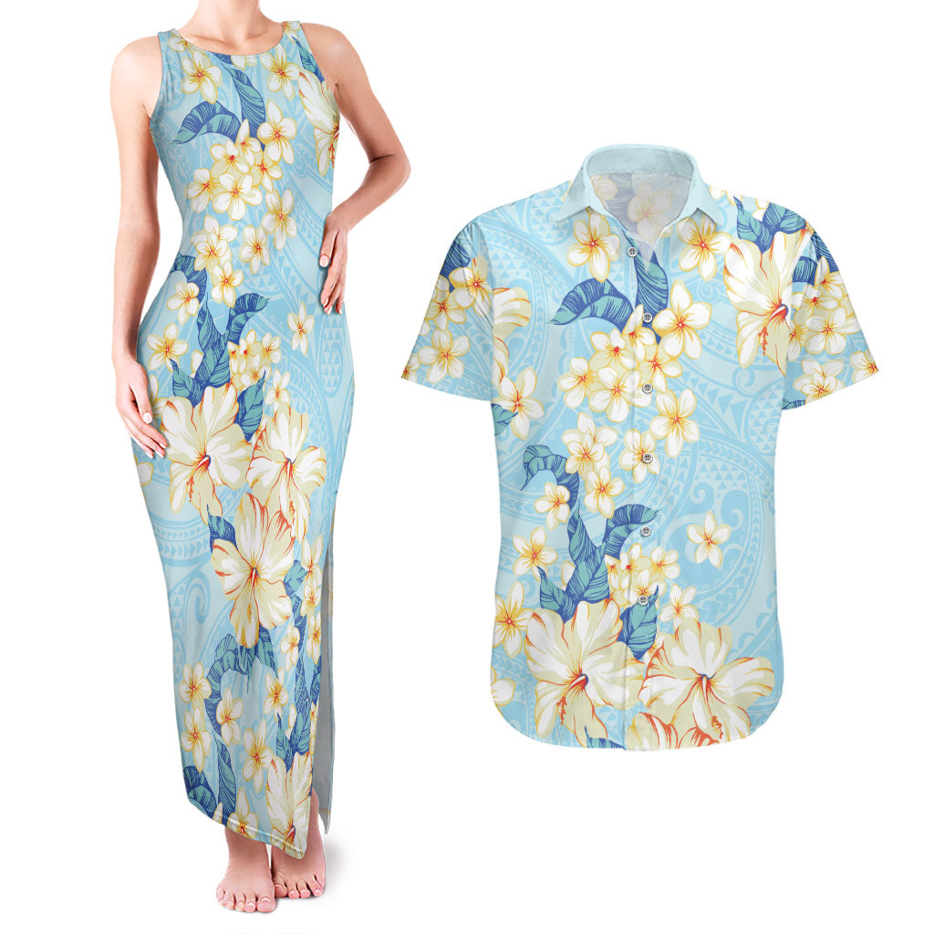 Hawaii Hibiscus Plumeria Blue Couples Matching Tank Maxi Dress and Hawaiian Shirt Polynesian Pattern LT01 Blue - Polynesian Pride
