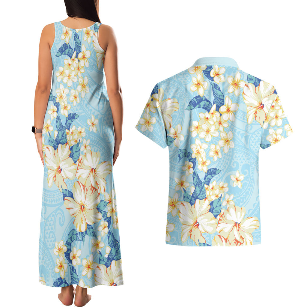Hawaii Hibiscus Plumeria Blue Couples Matching Tank Maxi Dress and Hawaiian Shirt Polynesian Pattern LT01 - Polynesian Pride