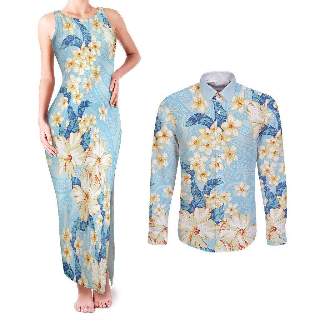 Hawaii Hibiscus Plumeria Blue Couples Matching Tank Maxi Dress and Long Sleeve Button Shirt Polynesian Pattern LT01 Blue - Polynesian Pride