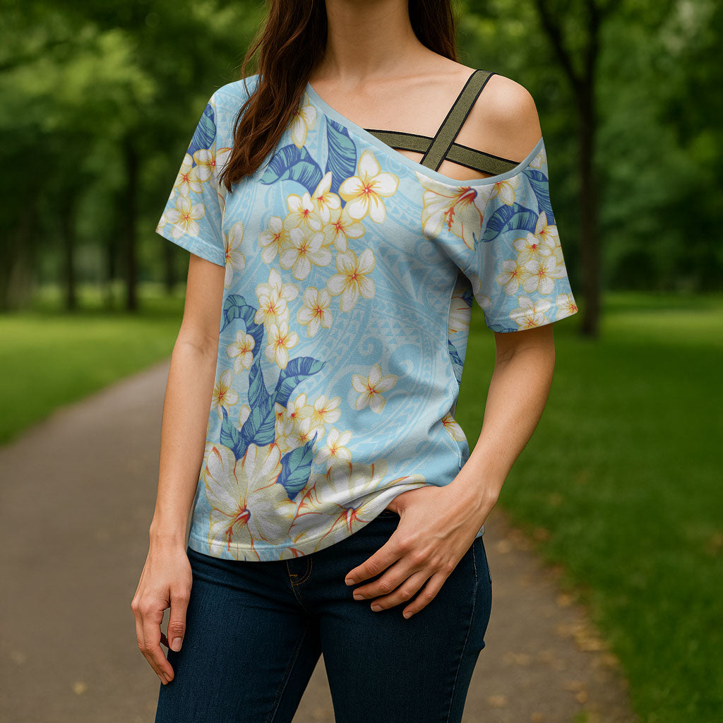 Hawaii Hibiscus Plumeria Blue Cross Shoulder Shirt Polynesian Pattern LT01 - Polynesian Pride