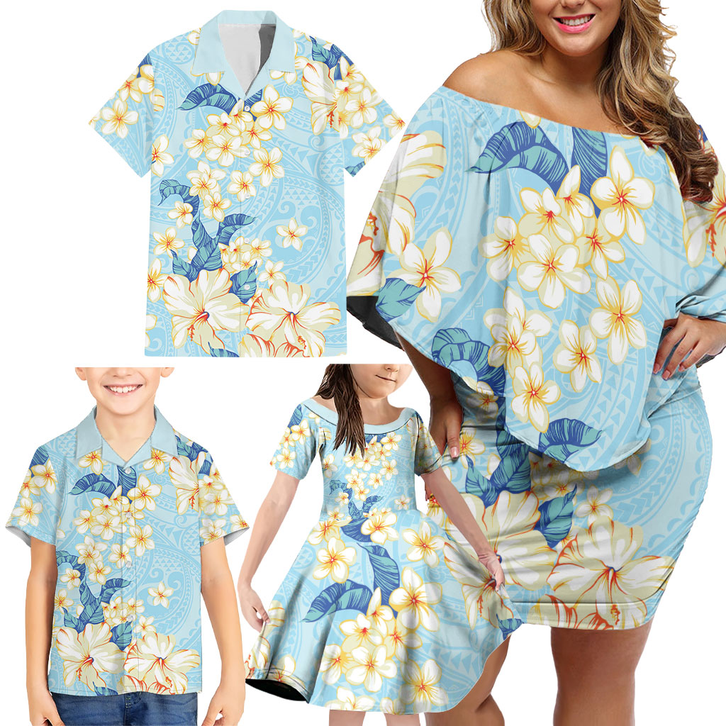 Hawaii Hibiscus Plumeria Blue Family Matching Off Shoulder Short Dress and Hawaiian Shirt Polynesian Pattern