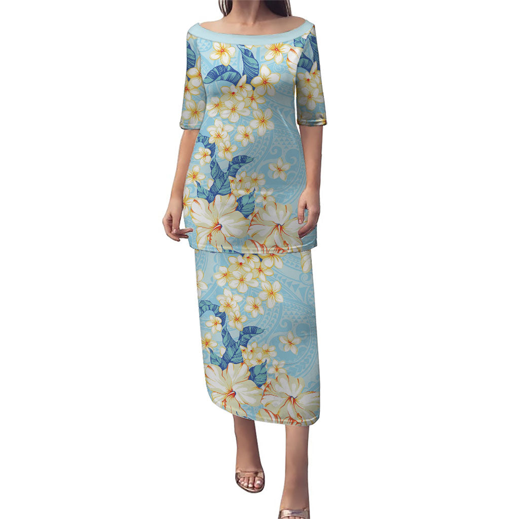 Hawaii Hibiscus Plumeria Blue Family Matching Puletasi and Hawaiian Shirt Polynesian Pattern