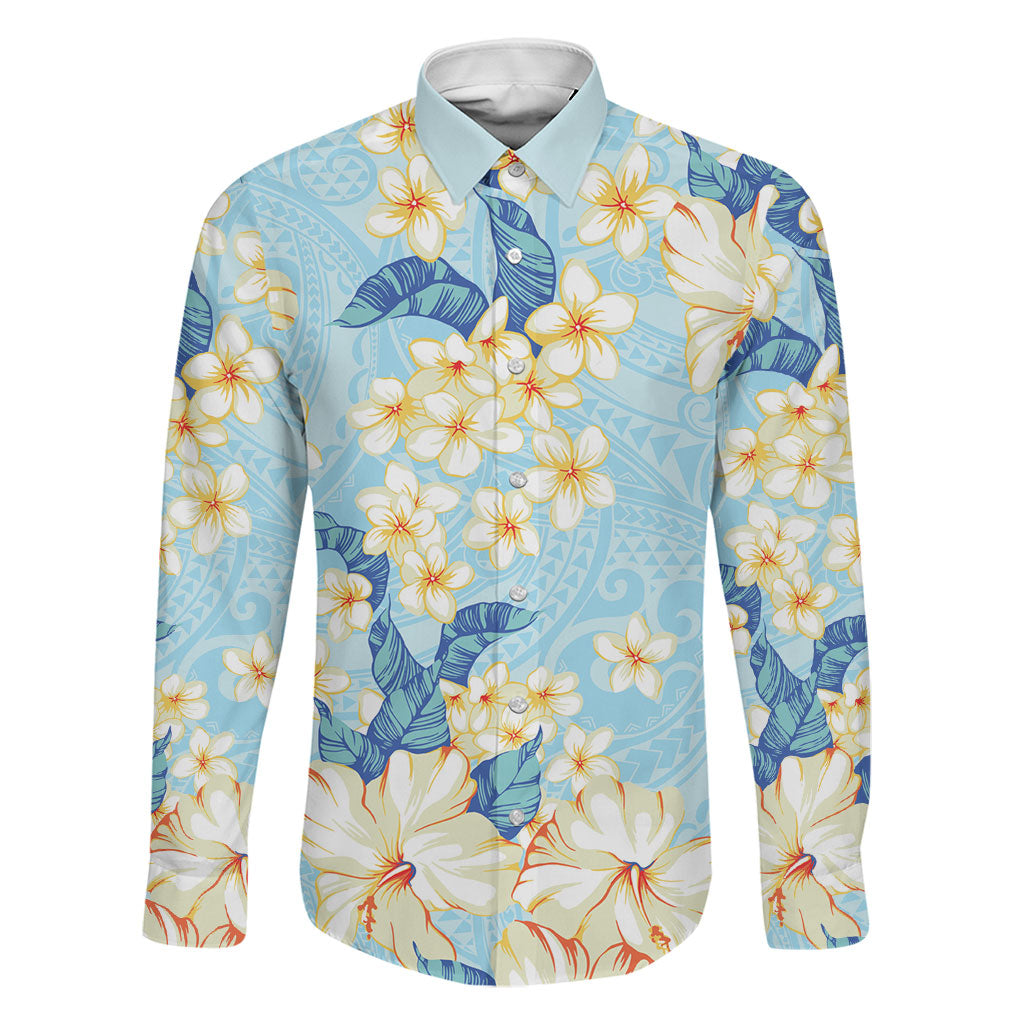 Hawaii Hibiscus Plumeria Blue Family Matching Short Sleeve Bodycon Dress and Hawaiian Shirt Polynesian Pattern