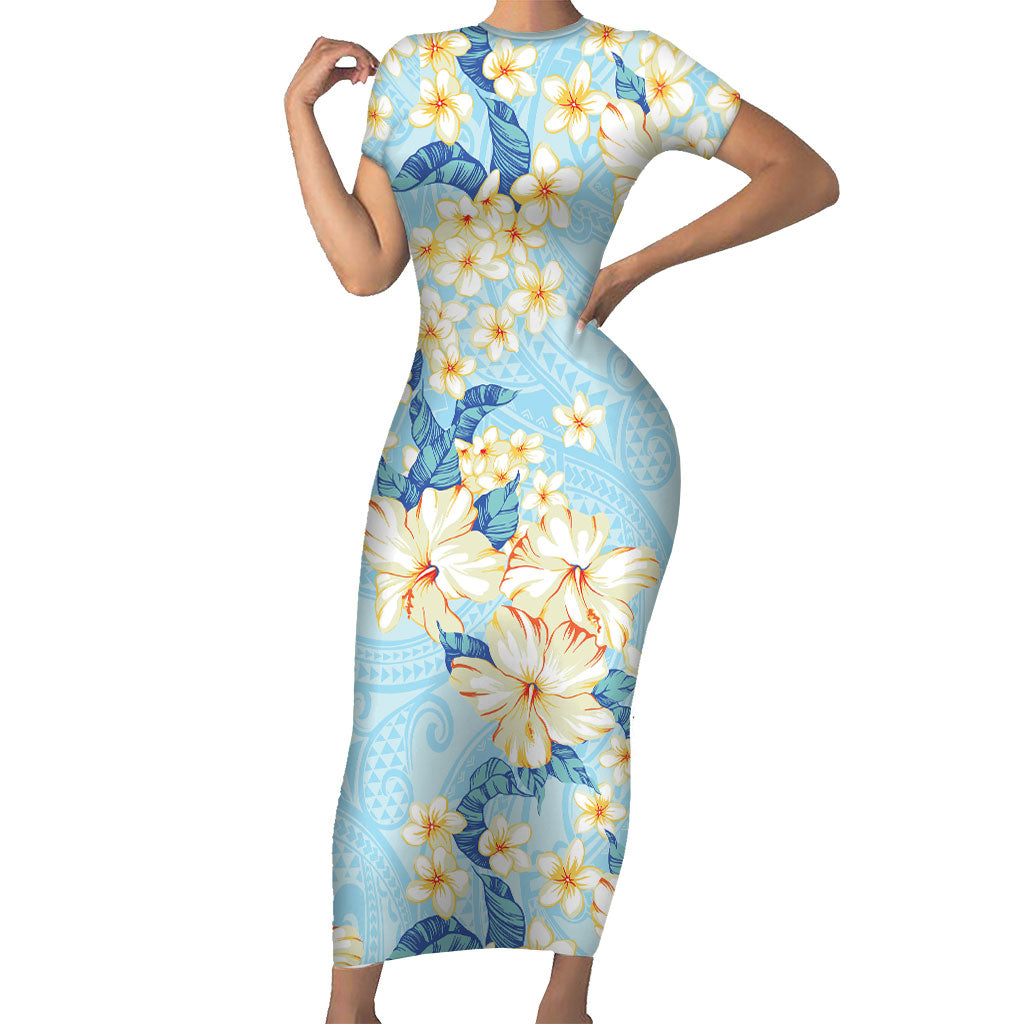 Hawaii Hibiscus Plumeria Blue Family Matching Short Sleeve Bodycon Dress and Hawaiian Shirt Polynesian Pattern