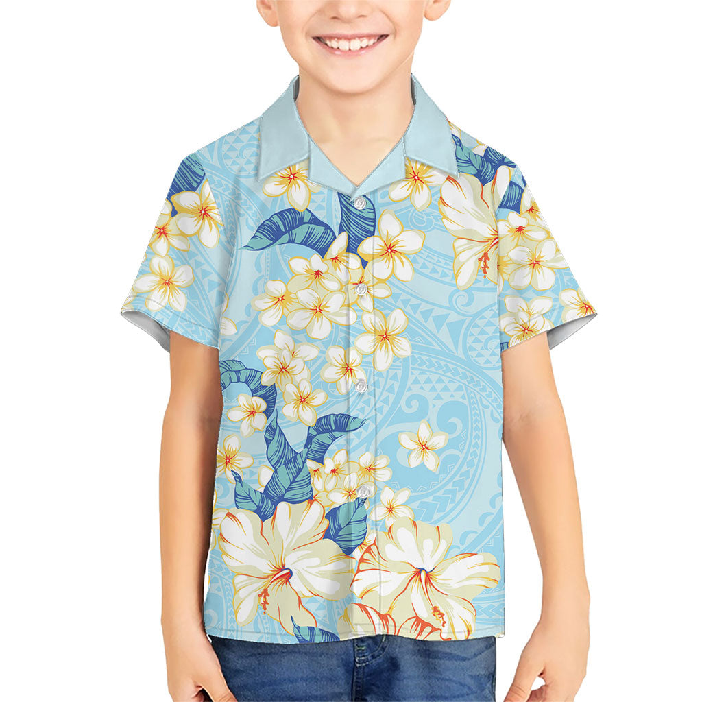 Hawaii Hibiscus Plumeria Blue Family Matching Tank Maxi Dress and Hawaiian Shirt Polynesian Pattern