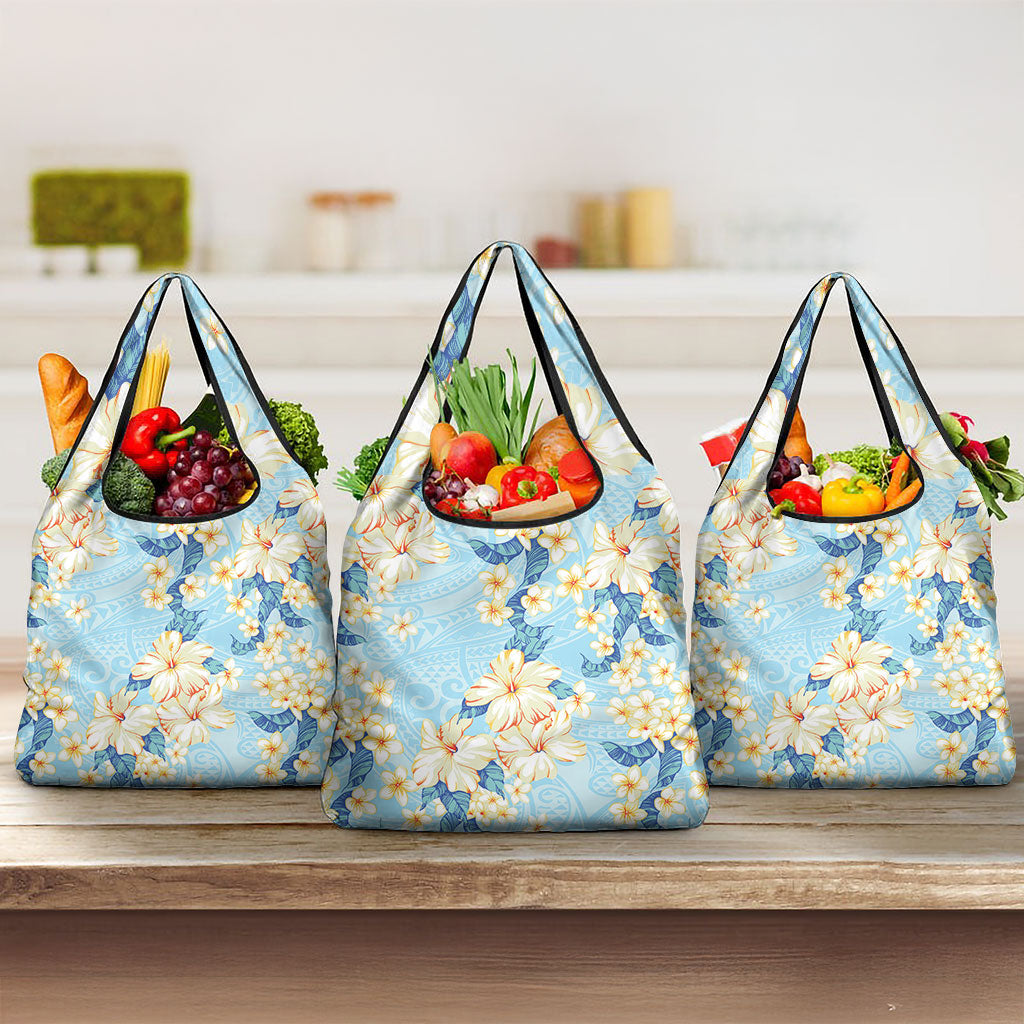Hawaii Hibiscus Plumeria Blue Grocery Bag Polynesian Pattern LT01 3-pack One Size Blue - Polynesian Pride