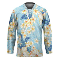 Hawaii Hibiscus Plumeria Blue Hockey Jersey Polynesian Pattern LT01 Unisex Blue - Polynesian Pride