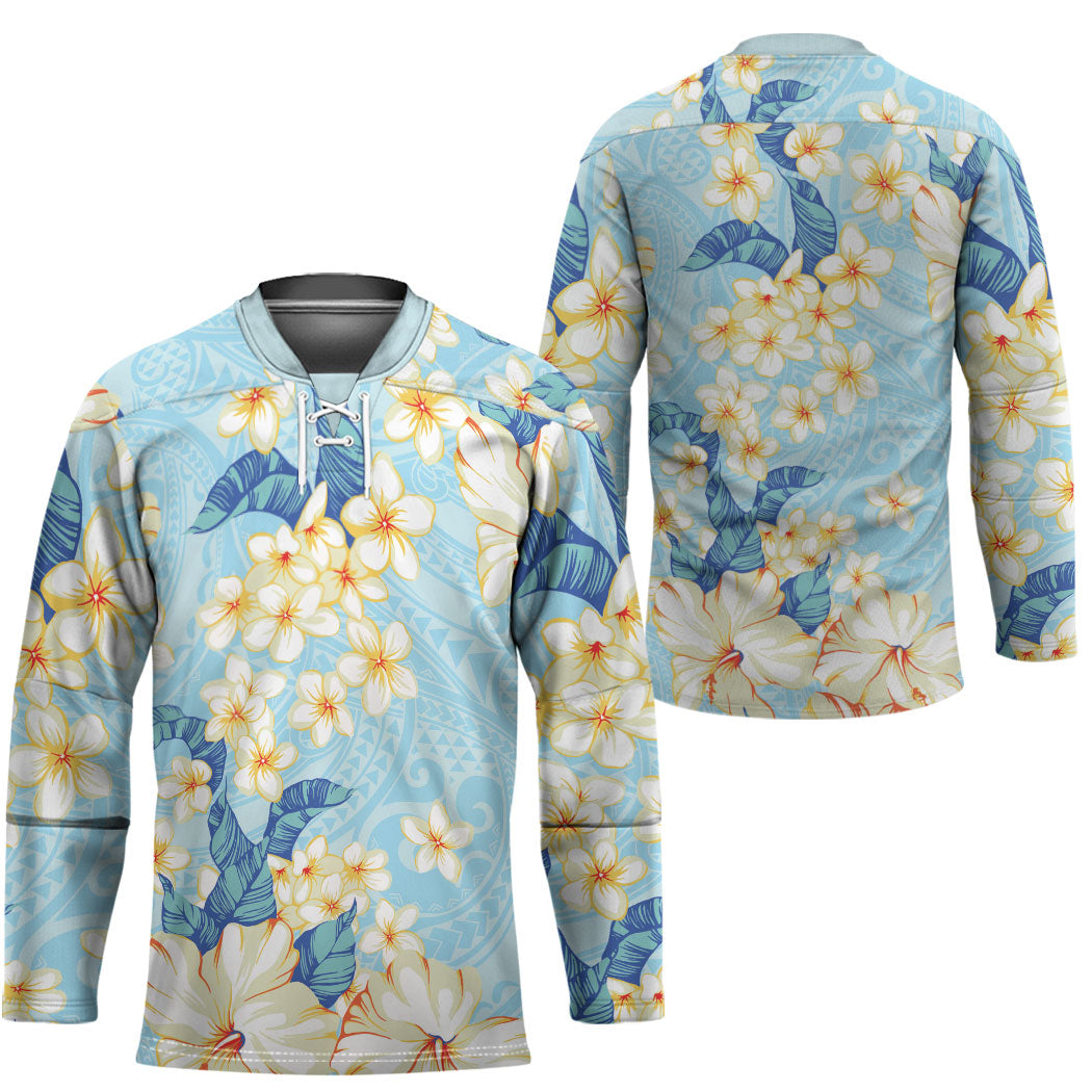 Hawaii Hibiscus Plumeria Blue Hockey Jersey Polynesian Pattern LT01 - Polynesian Pride